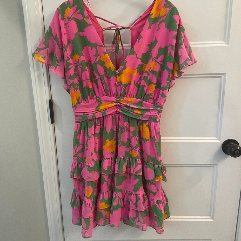 Floral print mini dress with ruffles and cutout back